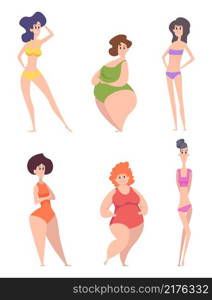 Woman body. Types of female bodies thin tall fat beautiful silhouettes slim skinny fat exact vector characters collection. Female fat and tall, human woman shape illustration. Woman body. Types of female bodies thin tall fat beautiful silhouettes slim skinny fat exact vector characters collection