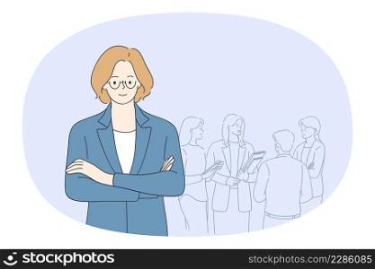 Woman boss and director concept. Smiling woman in glasses and suit standing with workers in office at background feeling confident vector illustration . Woman boss and director concept