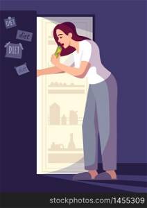 Woman breaking diet semi flat RGB color vector illustration. Girl eating snacks at night isolated cartoon character on blue background. Emotional eating. Appetite control, high calorie nutrition. Woman breaking diet semi flat RGB color vector illustration