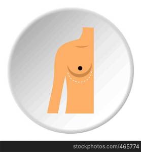 Woman breast marked with lines for breast modification icon in flat circle isolated on white vector illustration for web. Woman breast marked with lines icon circle