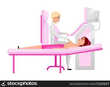 Woman breast ultrasound exam flat illustration. Therapist performing diagnostic medical sonography of female chest. Breast screening concept. Patient and ultrasonography physician cartoon characters