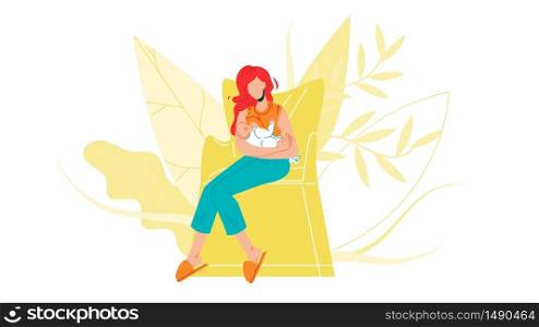 Woman Breastfeeding Newborn Baby Vector. Adult Girl Mother Sitting On Armchair And Breastfeeding Child, Leaves Branch And Bush On Background. Kid Eat Drink Milk Flat Cartoon Illustration. Woman Breastfeeding Newborn Baby Vector Characters Illustration