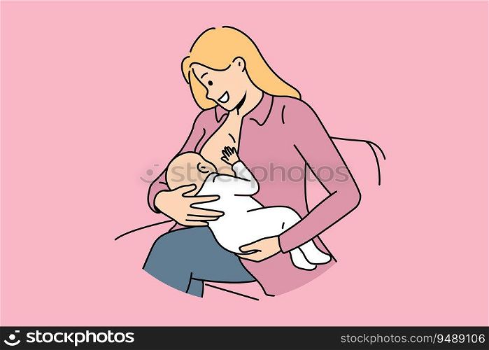 Woman breastfeeds infant and smiles, experiencing joy of motherhood after birth of first child. Happy mom sits on couch and breastfeeds baby, for concept of giving up artificial baby food. Woman breastfeeds infant and smiles, experiencing joy of motherhood after birth of first child