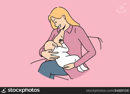 Woman breastfeeds infant and smiles, experiencing joy of motherhood after birth of first child. Happy mom sits on couch and breastfeeds baby, for concept of giving up artificial baby food. Woman breastfeeds infant and smiles, experiencing joy of motherhood after birth of first child