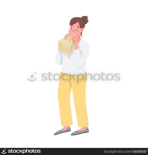 Woman breathing in bag flat color vector detailed character. Girl with panic attack isolated cartoon illustration for web graphic design and animation. Hyperventilation, anxiety, stress management. Woman breathing in bag flat color vector detailed character