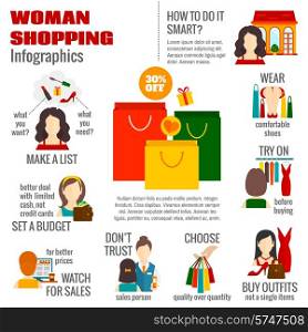 Woman budget shopping list planning infographic poster with smart choosing quality sale strategy options abstract vector illustration