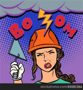 woman builder lightning beats on the head. Comic cartoon pop art retro vector illustration drawing. woman builder lightning beats on the head
