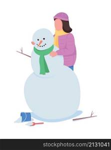 Woman building snowman semi flat color vector character. Standing figure. Full body person on white. Winter activity isolated modern cartoon style illustration for graphic design and animation. Woman building snowman semi flat color vector character