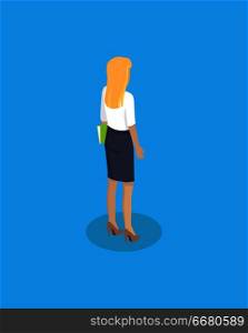 Woman businesslady icon closeup. Constructor of lady back view of secretary wearing blouse and skirt high heels. Person holding document page vector. Woman Businesslady Closeup Vector Illustration