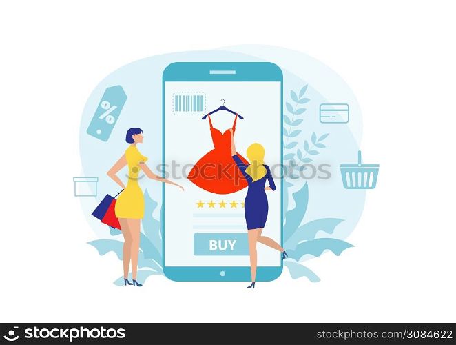 woman buy things in the online store. Shopping on social networks through phone flat design style. vector illustration.