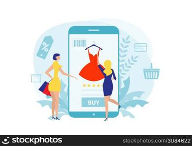 woman buy things in the online store. Shopping on social networks through phone flat design style. vector illustration.