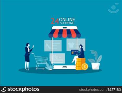 Woman buy things in the online store. Shopping online on mobile phone. Vector