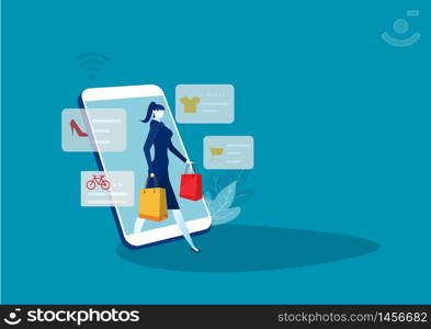 Woman buy things in the online store. Shopping online on mobile phone. Vector
