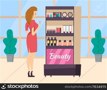 Woman buyer choosing decorative cosmetics, lipstick and pencil cream tube and eyeshadow palette and perfume on shelf. Lady character in store. Vector illustration in flat cartoon style. Female in Store of Decorative Cosmetics Vector