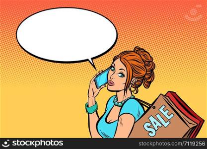 woman buyer talking on the phone. Pop art retro vector illustration drawing. woman buyer talking on the phone