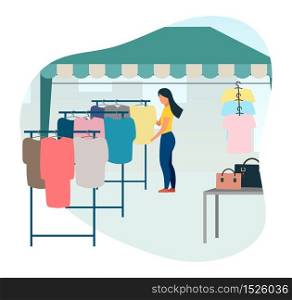 Woman buying clothes at street market flat vector illustration. Trade tent, fair awning. Buyer at outdoor local clothing store, shop cartoon character. Market tent with second hand clothes racks