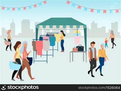 Woman buying clothes at street market flat vector illustration. Trade tent, fair awning. Buyer at outdoor local clothing store, shop. People walk summer fair. Market tent with second hand clothes