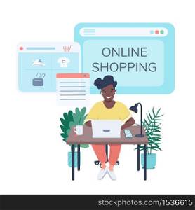 Woman buying clothes on Internet social media post mockup. Online shopping phrase. Web banner design template. Booster, content layout with inscription. Poster, print ads and flat illustration. Woman buying clothes on Internet social media post mockup