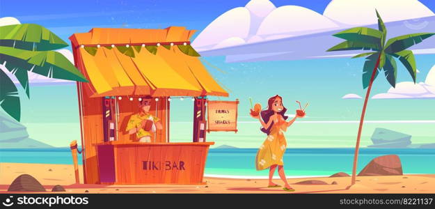 Woman buying cocktail in tiki hut bar with barman on hawaii beach, Smiling girl in summer dress carry coconut drink walking along sandy ocean coastline with palm trees, Cartoon vector illustration. Woman buying cocktail in tiki hut bar with barman