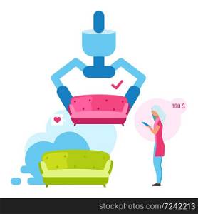 Woman buying couch flat vector illustration. Girl choosing sofa color for interior design cartoon character. House reconstruction. Consumer doing purchases online. Living room furniture shop