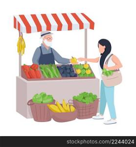 Woman buying fruit semi flat color vector characters. Standing figures. Full body people on white. Greengrocer simple cartoon style illustration for web graphic design and animation. Woman buying fruit semi flat color vector characters