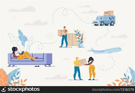 Woman Buying Goods on Laptop Sitting on Sofa at Home. Man Courier Delivering Parcel. Order, Purchase, Delivery Appliance in Internet. Truck and Deliveryman. Online Service People Characters Set. Woman Buying Goods, Courier Delivering Parcel Set