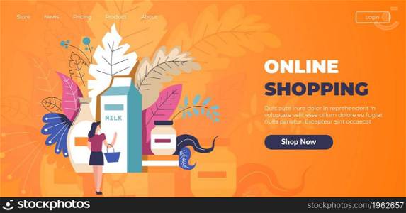 Woman buying grocery products in online store. Lady choosing meal, milk and packages in internet. Consumerism and shopping during quarantine. Website or webpage template, landing page flat vector. Online shopping, buying products and food in web