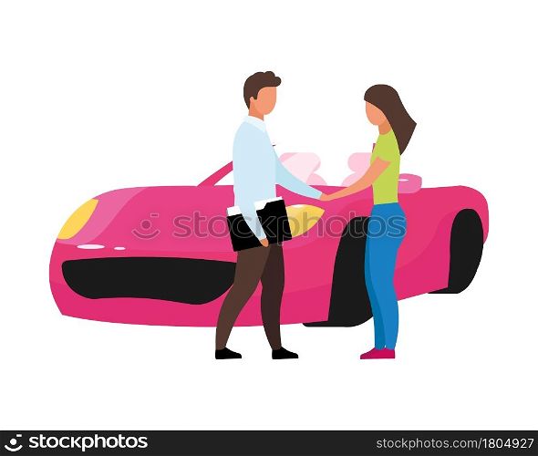 Woman buying new car semi flat color vector characters. Full body people on white. Negotiation with car dealer isolated modern cartoon style illustration for graphic design and animation. Woman buying new car semi flat color vector characters