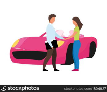 Woman buying new car semi flat color vector characters. Full body people on white. Negotiation with car dealer isolated modern cartoon style illustration for graphic design and animation. Woman buying new car semi flat color vector characters