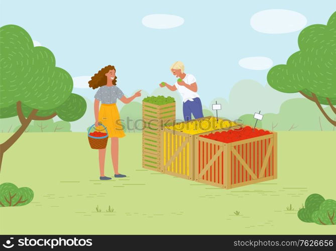 Woman buying products in market vector, summer fair with organic food and meal. Fruits from farmers, salesperson with juicy vegetarian snacks flat style. Picking apple concept. Flat cartoon. Fair Market in Park Salesperson with Apples Vector