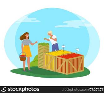 Woman buying products in market vector, summer fair with organic food and meal. Fruits from farmers, salesperson with juicy vegetarian snacks flat style. Picking apple concept. Flat cartoon. Fair Market in Park Salesperson with Apples Vector