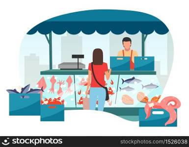 Woman buying seafood at street market stall flat illustration. Fresh sea food in ice trade tent, fish counter. Fair, summer market stand. Customer in local fishmarket outdoor shop cartoon character