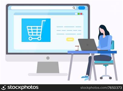 Woman buyng goods in Internet, empty basket on site at screen. Vector business planning and savings, female working on laptop, buyer making purchases online. Woman Buyng Goods in Internet Empty Basket on Site