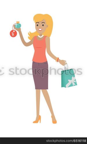 Woman Buys Perfume at Discount Price. Fragrance. Woman buys perfume at discount price. Big sale concept. Sale of household appliances, cosmetics, jewelry. Perfume, perfume bottle, cosmetics, women perfume, fragrance, men perfume smell Vector