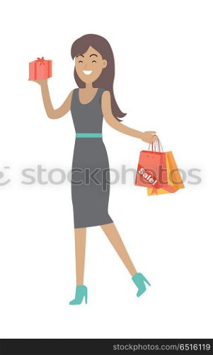 Woman Buys Presents at Discount Price. Vector. Woman buys presents at discount price. Big sale concept. Sale of household appliances, cosmetics, jewelry. Lady holds paper bags in hand. Winter, spring, autumn, summer sale. Vector in flat style