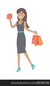 Woman Buys Presents at Discount Price. Vector. Woman buys presents at discount price. Big sale concept. Sale of household appliances, cosmetics, jewelry. Lady holds paper bags in hand. Winter, spring, autumn, summer sale. Vector in flat style