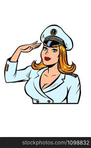 woman captain of a sea ship. Comic cartoon pop art retro vector drawing illustration. woman captain of a sea ship