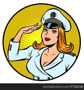 woman captain of a sea ship. Comic cartoon pop art retro vector drawing illustration. woman captain of a sea ship