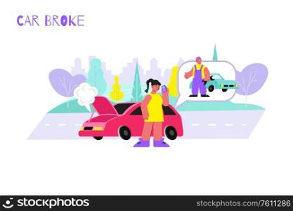Woman car broke flat composition with view of broken automobile and female character calling the repairman vector illustration