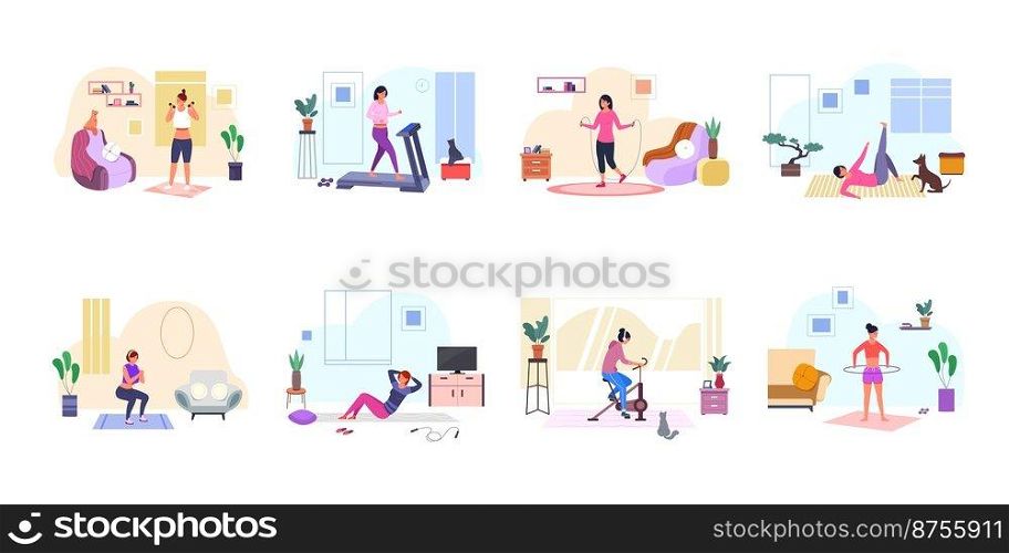 Woman cardio training. Exercising weights and fitness practicas gym, girl jump with rope, healthy exercise on treadmill, dumbbells workout, women sport, vector illustration of cardio fitness exercise. Woman cardio training. Exercising weights and fitness practicas gym, girl jump with rope, healthy exercise on treadmill, dumbbells workout, women sport, garish vector illustration