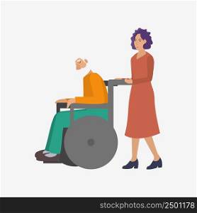 woman carer walking with a wheelchair with an elderly man in the park in a big city. Help and care for pensioners and sick people. Carers Service
