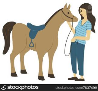Woman caressing horse, full length view of female in casual clothes standing near stallion, rider and animal character with saddle, riding hobby. Vector illustration in flat cartoon style. Riding Hobby, Rider Girl, Horse with Saddle Vector