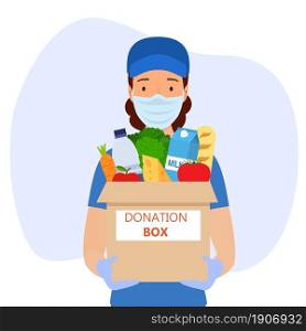 woman carries a box of food. Social care, volunteering and charity concept. Delivery of donated food home by service volunteers. Vector illustration in flat style.. woman carries a box of food.