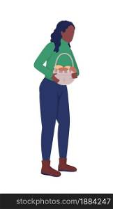 Woman carry basket with mushrooms semi flat color vector character. Posing figure. Full body person on white. Fall isolated modern cartoon style illustration for graphic design and animation. Woman carry basket with mushrooms semi flat color vector character