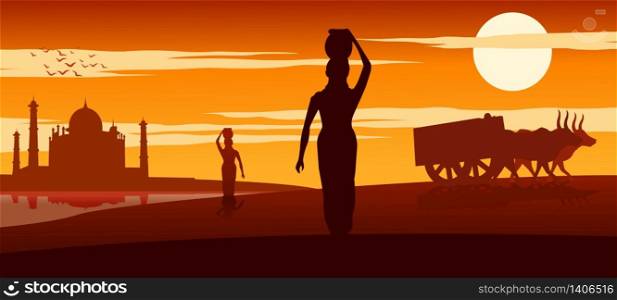 woman carry water for routine use from river near Taj mahal while cart move pass on sunset time,vector illustration