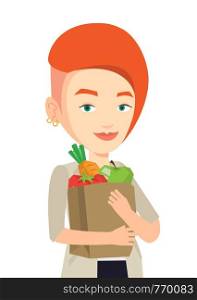 Woman carrying grocery shopping bag with vegetables. Woman holding grocery shopping bag with healthy food. Girl with grocery shopping bag. Vector flat design illustration isolated on white background.. Happy woman holding grocery shopping bag.