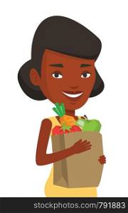Woman carrying grocery shopping bag with vegetables. Woman holding grocery shopping bag with healthy food. Woman with grocery shopping bag. Vector flat design illustration isolated on white background. Happy woman holding grocery shopping bag.