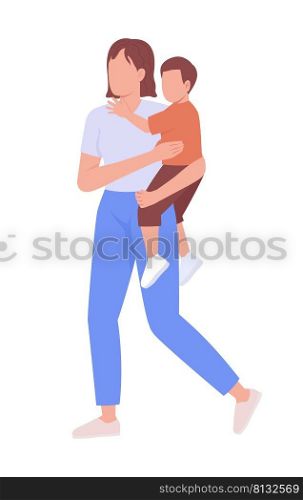Woman carrying little boy semi flat color vector characters. Editable figure. Full body people on white. Motherhood simple cartoon style illustration for web graphic design and animation. Woman carrying little boy semi flat color vector characters
