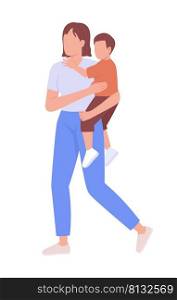 Woman carrying little boy semi flat color vector characters. Editable figure. Full body people on white. Motherhood simple cartoon style illustration for web graphic design and animation. Woman carrying little boy semi flat color vector characters