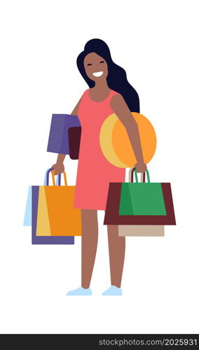 Woman carrying shopping bag with purchases. Big seasonal sale buyer. Vector illustration. Woman carrying shopping bag with purchases. Big seasonal sale buyer